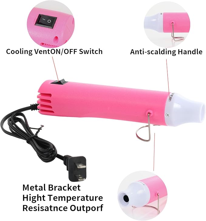 Heat Gun 300W, Handed Hot Air Gun for Crafting and DIY (Pink) | 3.28FT Ultra-Long Cable Portable Heat Gun with Stand and Power Cord for Shrinking Wrapping PVC and Drying Paint
