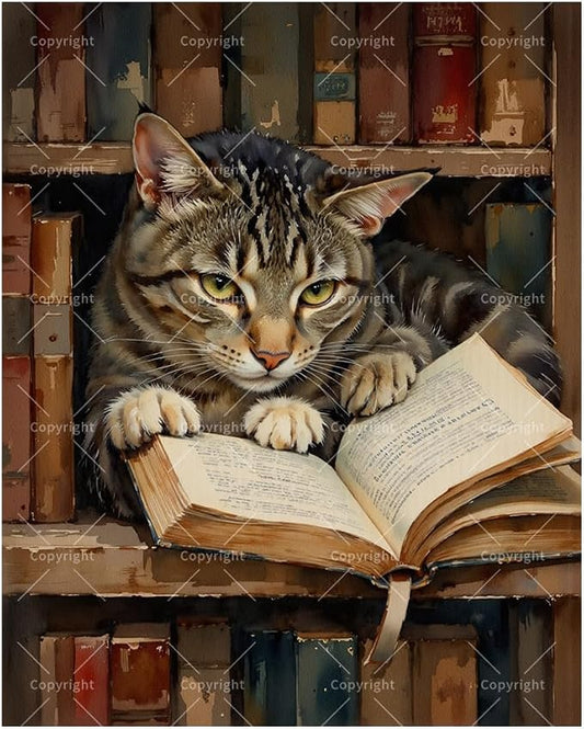 Intellectual Whiskers Paint by Numbers Kit for Adults - DIY Tabby Cat Reading Painting on Canvas, Acrylic Paint Set, Suitable for Beginners, Great for Home Decoration or Gifts(12X16IN Framed)
