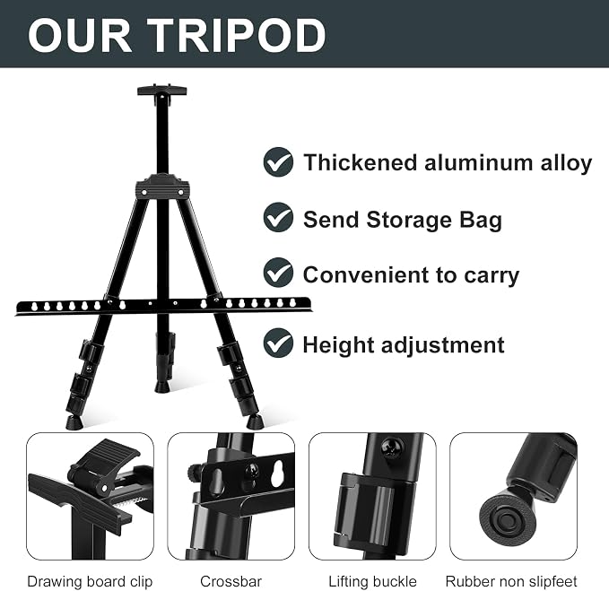 AROIC 8 Pack Painting Display Easel Stand Portable Adjustable | Metal Tripod Artist Canvases Height from 17 to 66 In Extra for Table-Top/Floor, Draw and Display, Black with 8 Storage Bag