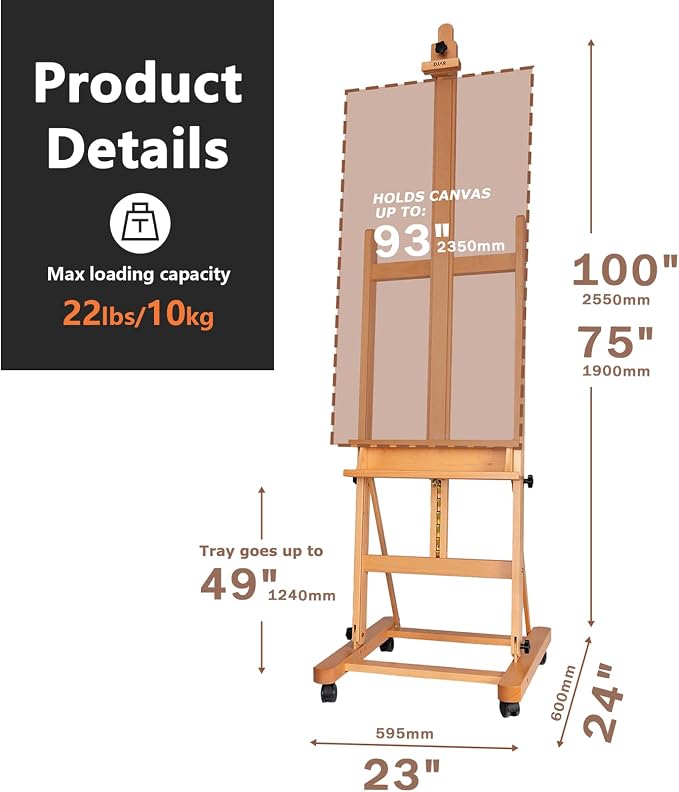 DJAR Large H-Frame Art Easel for Painting, 360° Casters Wheels, Natural
