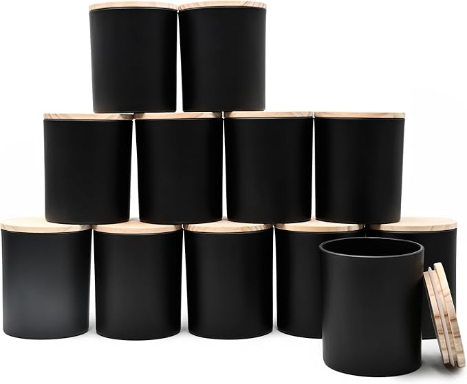 SHOWIN 14 OZ Thick Candle Jars for Making Candles 12 Pcs, 3 Wick Empty Jars with Wood Lids for Candle Making, Sample Container,Matte Black