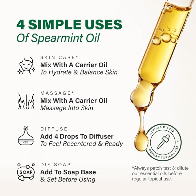 Kukka 100% Pure Spearmint Essential Oil for Skin, Diffuser, 4 Fl Oz | Undiluted Mint Oil for Face and Skin Care, Diffuser, Aromatherapy, Massage - Natural Mentha Spicata