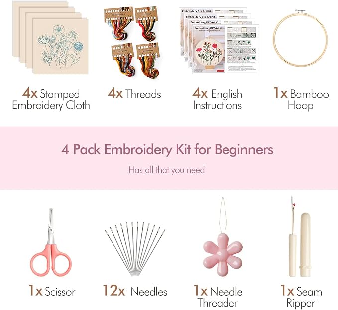 Embroidery Kit, 4 Pack Embroidery Kit for Beginners with Flower Pattern | Cross Stitch Starter Kits for Adults,Hand Embroidery Kit, Stitches Practice, Hand Craft Lover
