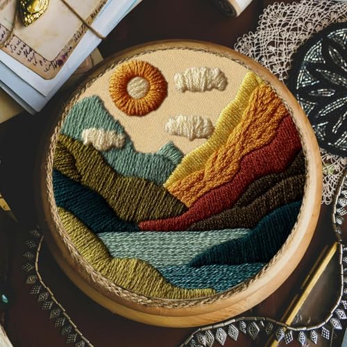 FONNUY Embroidery Kit for Beginners, Textured Vibrant Nature Landscape Pre-Stamped Pattern Kits for Adults with Hoop, Easy to Follow Color Thread Needlework, 8'' Hoop (Green 1)