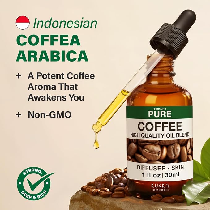 Kukka 100% Pure Coffee Essential Oil for Skin, Diffuser, 1.02 Fl Oz | Undiluted Coffee Oil for Energizing Diffuser Blends, Scalp & Skin Care, Massage & DIY Soap Making