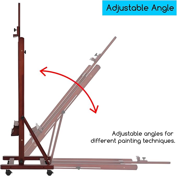 MEEDEN Studio Wood H-Frame Easel: Art Easel with Storage for Artist | Wooden Artist Painting Easel on Wheel - Floor Easel with Movable Tilting for Adults Artist Art Students Beginners Deep Walnut