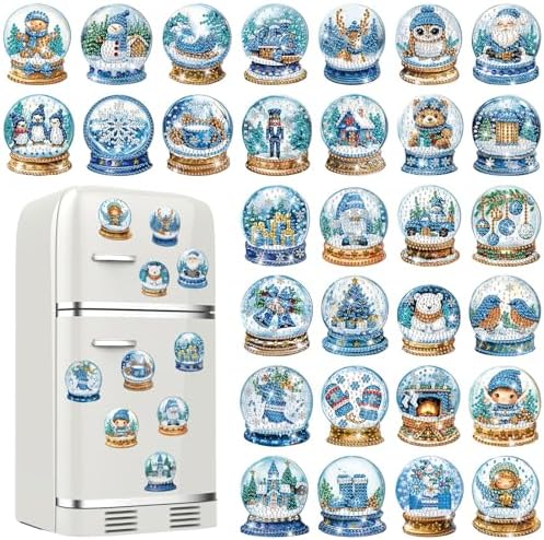 30 Pcs Christmas Diamond Art Magnet, Blue Crystal Ball Diamond Painting