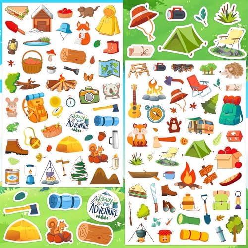 LINAYE 24 Sheets Camping Stickers for Kids, 1320 PCS Nature Camp Stickers, Waterproof Self Adhesive Summer Crafts, Camping Party Favors Supplies Rewards for Kids
