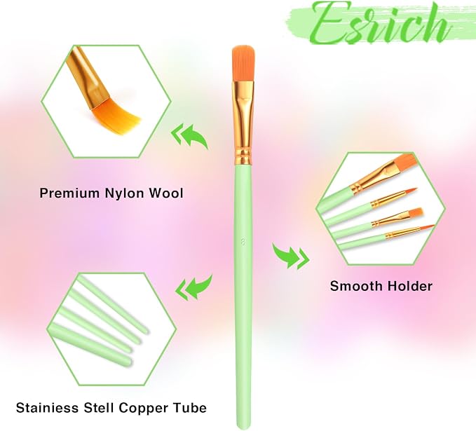 ESRICH 200PCS Paint Brushes, Paint Brush for Acrylic Painting | Artist Paintbrushes for Oil Watercolor, Body Face Rock Canvas, Small Paint Brushes for Kids, Green