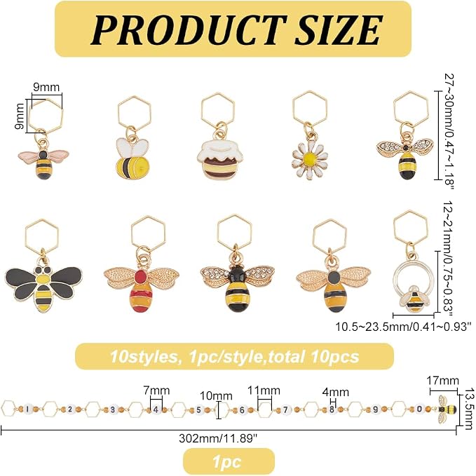 BENECREAT 11Pcs Bee Stitch Marker Charms, Honey Pot Daisy Enamel Charm Locking Stitch Markers, Acrylic Number Knitting Row Counter Chains with Hexagon Ring for Knitting Weaving Sewing Accessories