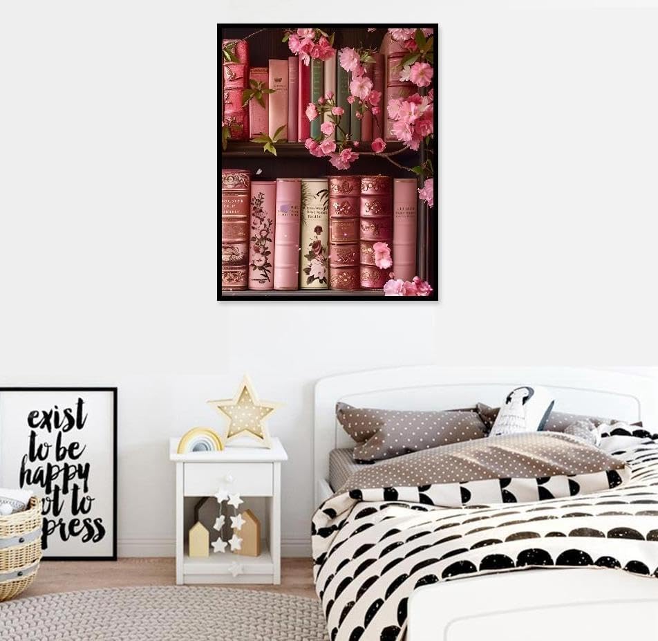 Canrichshop Books Paint by Numbers Kit for Adults,Bookshelf DIY Acrylic Painting Kit for Beginners Unframed,Flowers Easy Adult Paint by Number Kits on Canvas for Decor 16x20inch