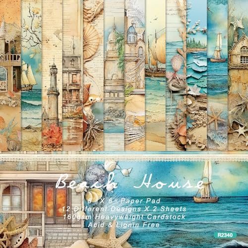 6x6 Scrapbook Paper Pad - Beach House Ocean Seashell 160gsm Cardstock, 24 Pcs Nautical Lighthouse Decorative Paper for Summer Travel Journal Supplies