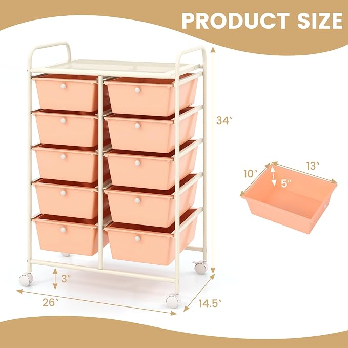 LDAILY 10 Drawer Rolling Cart, Storage Cart Organizer on Wheels, Drawer Cart with Metal Frame & Large Storage Capacity, Rolling Cart with Drawers for Living Room Classroom, Office