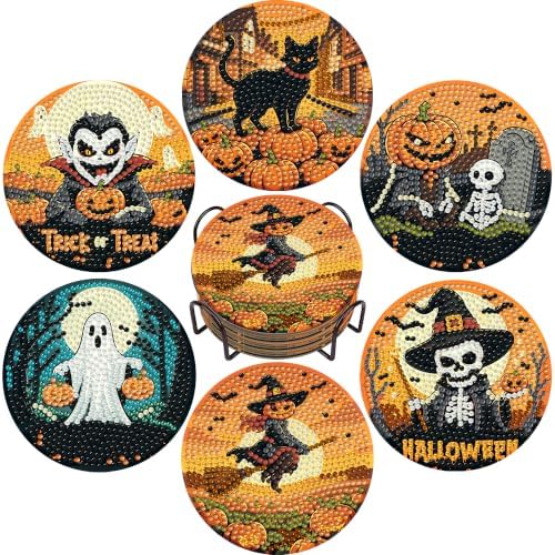 Leatrice 6 PCS Halloween Diamond Art Coasters Small Diamond Painting Kits