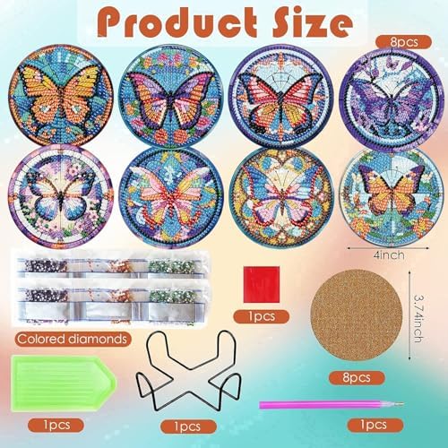 ijbnhd 8 Pcs Butterfly Diamond Painting Coasters Kits with Holder