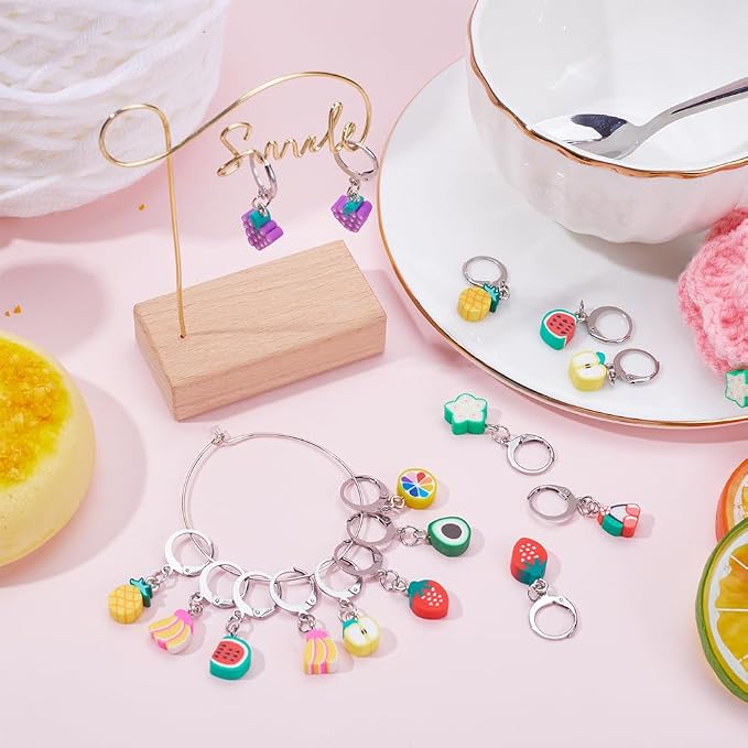 SUNNYCLUE 1 Box 40Pcs Stitch Markers Locking Crocheting Markers Knitting Fruit Polymer Clay Beads Removable Clip on Charm Leverback Clasps Crochet Stitch Marker for Yarns Knit Crocheting Sewing Adult