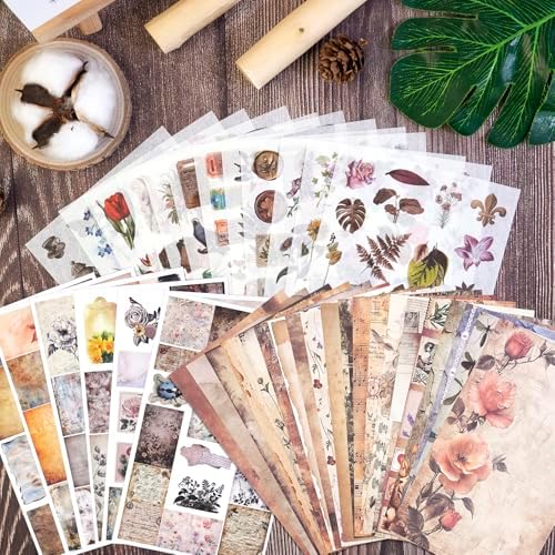 Vintage Cottagecore Stickers Set - 38 Sheets Retro Floral, Botanical Animal Washi Stickers & Writing Antique Scrapbook Paper for Journaling, Crafting, Art Projects