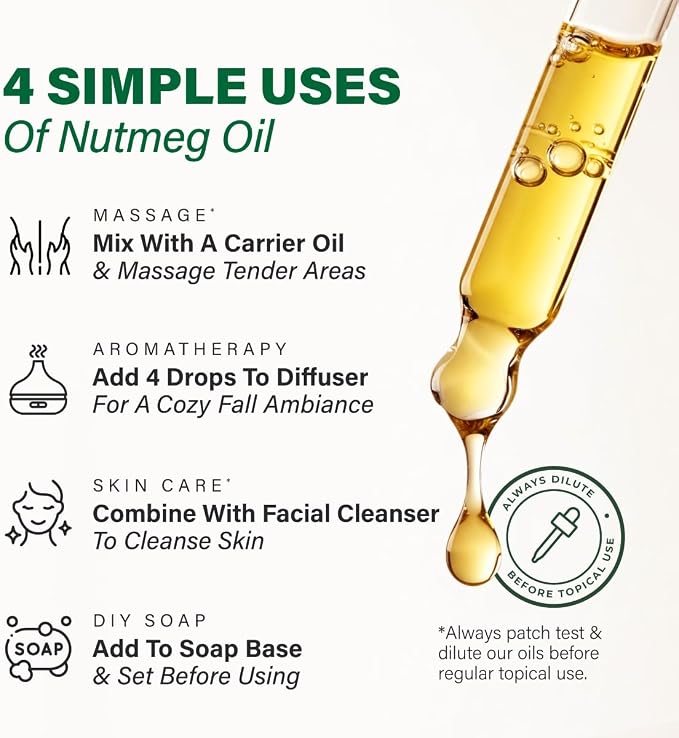 Kukka 100% Pure Nutmeg Essential Oil for Skin, Diffuser, 1.02 Fl Oz | Nutmeg Oil for Massage, Focus & DIY, Warm Spicy Aroma for Mental Clarity & Comfort