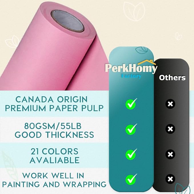 PerkHomy Light Pink Kraft Paper Roll 48" x 3,600" (300') for Gift Wrapping Bouquet Flower Art Painting Craft Writing Packaging Shipping 80GSM 55LB (Light Pink, 48" x 300')