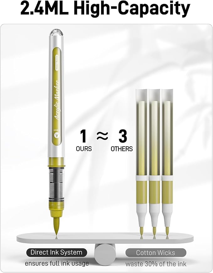 JusArt 3 Gold Acrylic Paint Markers Brush Tip, Automatic Ink Control