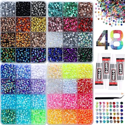 19200Pcs in 48 Colors Rhinestones for Bedazzling and Diamond Art, 4mm Flatback Gems with 3×10ml B7000 Jewelry Glue Tweezers, Perfect for Nail Art, Crafting, Clothing, Fabric Decor