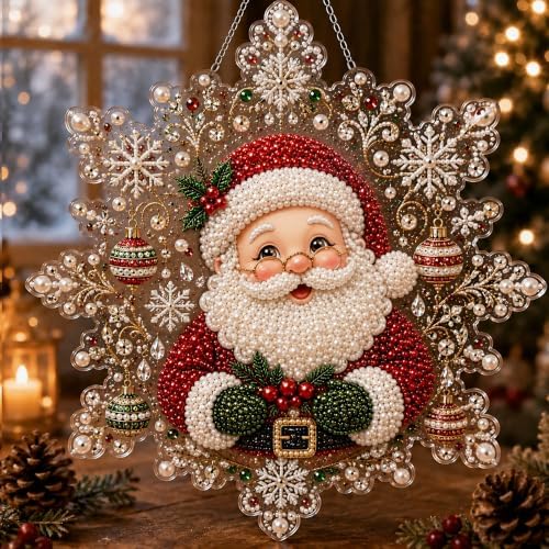 LJSCQF Christmas Pearl Diamond Painting Suncatcher Kit, DIY Craft | Pre-Assembled Metal Chain, Acrylic Snowflake Shape Board with Lace Edge, 3D Mixed-Sized Pearl Beads Craft (Style F, 12IN)