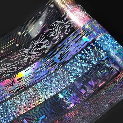 6Rolls Vintage Punk Circuit PET Tape Junk Journal Scrapbook Supplies Laser Circuits PET Washi Tape Stickers for Scrapbooking Wave Chip Decorative Collage Materials Stickers for Journaling Supplies