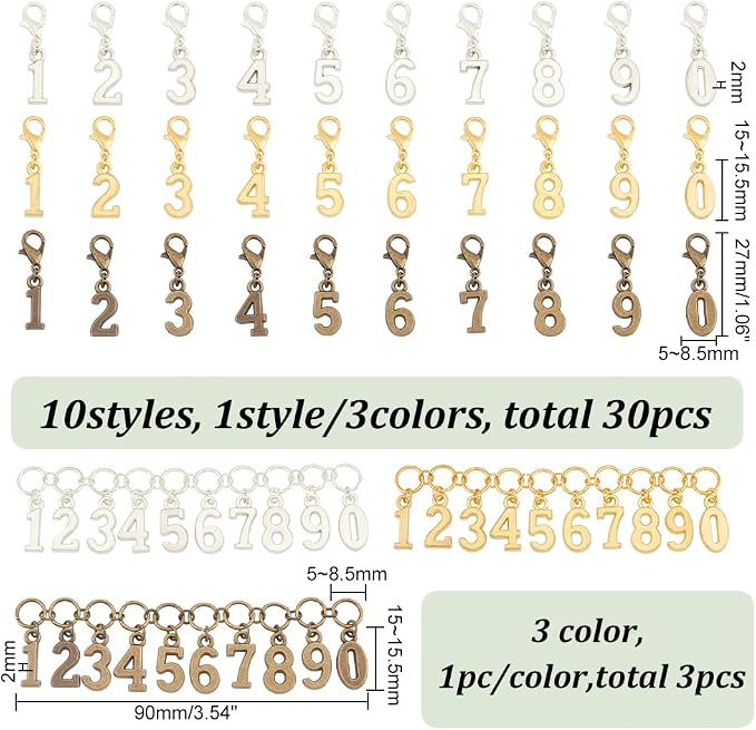 BENECREAT 33Pcs 3 Colors Number Stitch Marker Charms, Number 0-9 Charm Knitting Row Counter Alloy Chain with Clasp Stitch Markers for Knitting Weaving Sewing Accessories