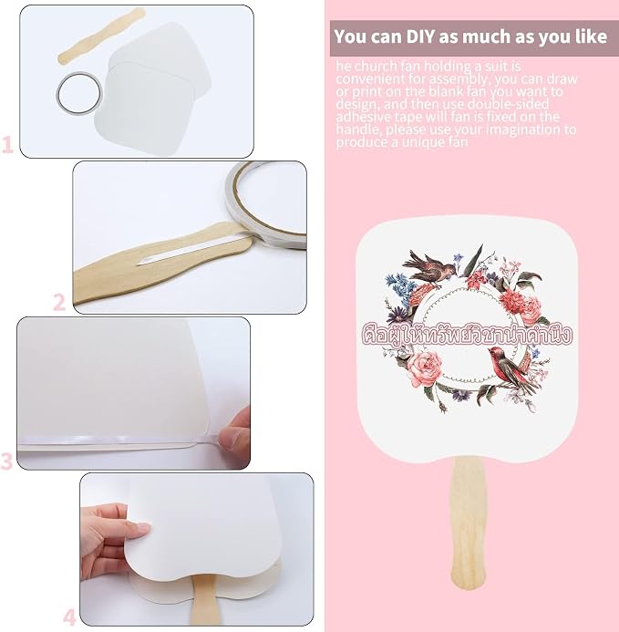 94 Pcs Church Fans Handheld Set, 60 Cardstock Paper Fans with 30 Wavy Wooden Sticks and 4 Rolls of Double-Sided Tape, Handheld Blank White Cardstock for DIY Crafting Painting Custom Fans