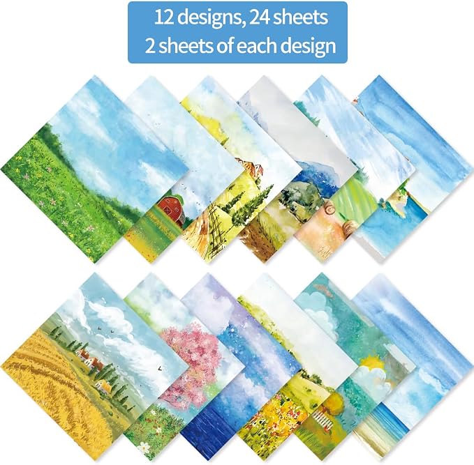 6x6" Cardstock Single Sided Scrapbooking,Craft Decorative Scrap Book Paper | 160gsm,24-Sheet 12Patterns Colored Paper,Junk Journal Supplies,Vivid Origami Papers DIY Craft Gift Wrapping Album.Landscape
