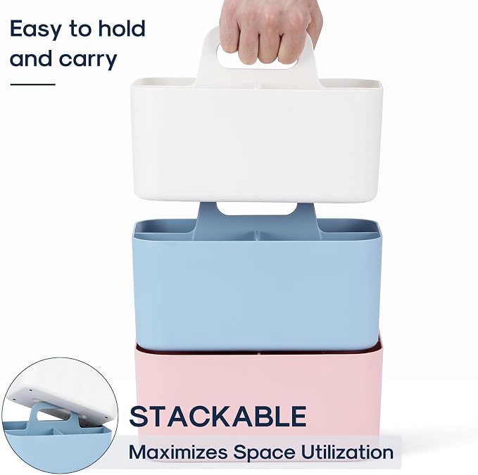 Multiuse Caddy Organizer with Handle, Portable Divided Plastic Tote Bin - Art Craft, Stationary Pen Marker Crayons, Makeup Hair Supplies Storage - Bathroom, Classroom, Dorm, Office, Desk Holder -White