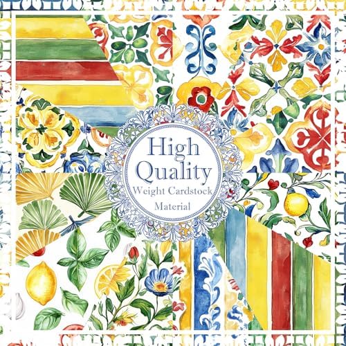 24 Sheets Watercolor Italian Tiles Scrapbook Paper, 12 Styles Watercolor Italy Tiles Seamless Patterns Decorative Craft Paper Folded Flat for Summer Card Making Photo Album Decor, 11.8'' x 11.8'