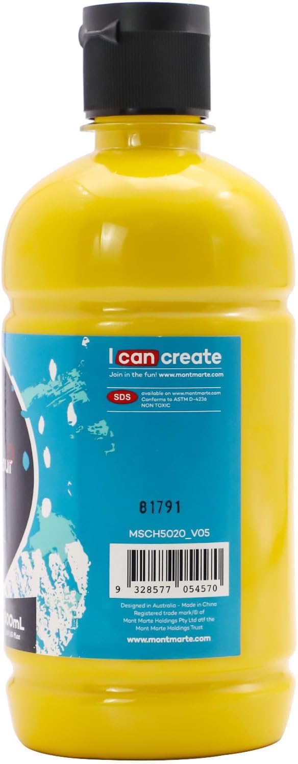 Mont Marte Signature Mid Yellow Acrylic Paint, 16.9oz (500ml), Semi-Matte Finish, Suitable for Canvas, Wood, Fabric, Leather, Cardboard, Paper, MDF and Crafts