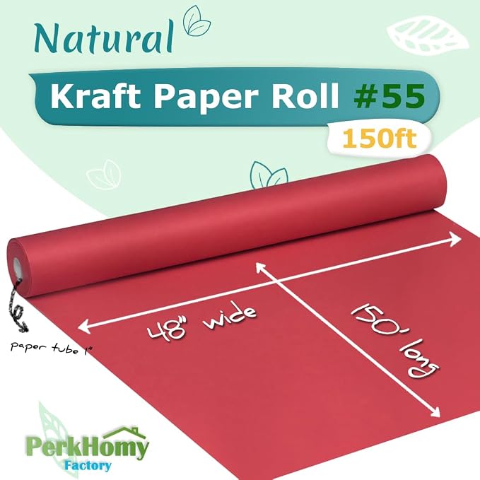 PerkHomy Red Kraft Paper Roll 48" x 1,800" (150') for Gift Wrapping Bouquet Flower Art Painting Craft Writing Packaging Shipping 80GSM 55LB (Red, 48" x 150')