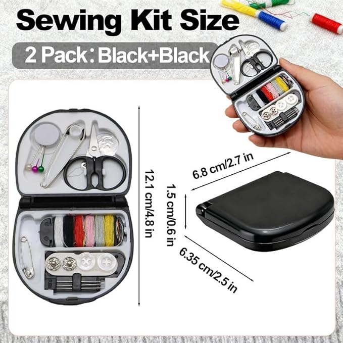Reroon 2 Pack Mini Travel Sewing Kit for Adult & Kid | Portable Sewing Box Kit Bulk | Small Emergency Repair Set with Thread Scissors Needle for Travel, Beginner DIY Handcraft | Black