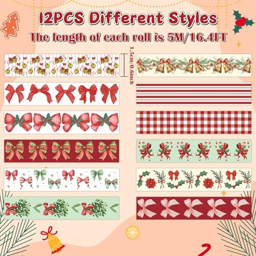 Christmas Bow Washi Tape - 12 Rolls Festive Holiday Designs with Holly Candy Cane Patterns, Easy Tear & Acid Free Adhesive for for Gift Wrapping, Scrapbook, Journal Decor & DIY Projects