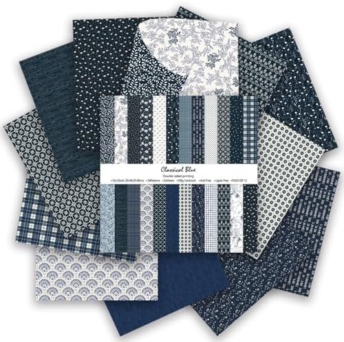 Gingham Scrapbook Paper 12x12 Blue,24 Sheets Double-Sided Bohemian Floral Patterned CardStock Paper Pad Boho Tone Decorative Craft Papers for Holiday Cardmaking DIY Origami Papers.