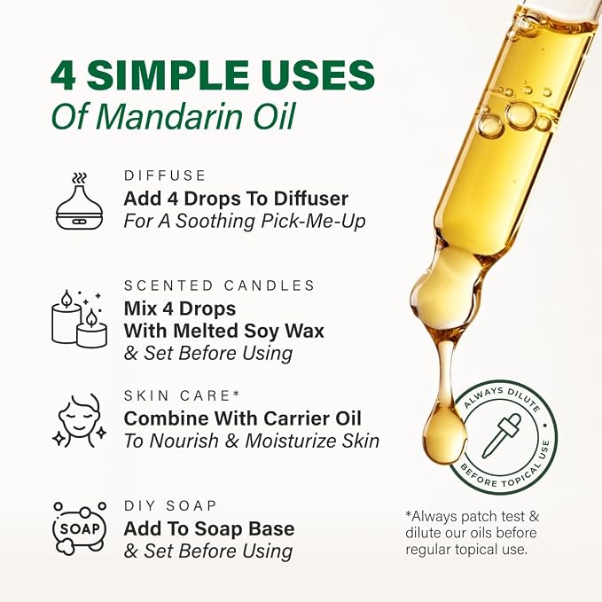 Kukka 100% Pure Mandarin Essential Oil for Skin, Diffuser, 4 Fl Oz | Undiluted Dropper Bottle - Mandarin Oil for Diffuser Blends, Candle Making, Wax Melts, Soap Making, Massage & Air Freshening