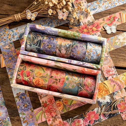 Flowers Washi Tape, 10 Rolls Aesthetic Decorative Foil Masking Tape Set with Gift Box, Decorative Tape for Bullet Journal, DIY Craft, Scrapbook Supplies