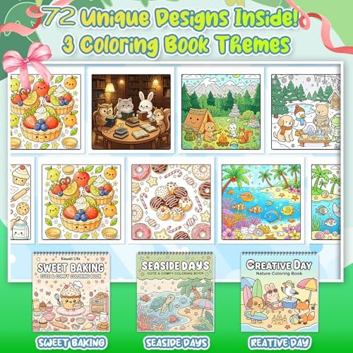 3Pack Adult Coloring Books With Markers, Spiral Bound Stress Relief Art Kit