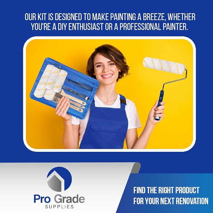 Pro Grade Paint Roller Kit, Paint Brushes, 4" & 9" Roller Covers for Walls | 10-piece set includes 2 frames & tray | Interior & exterior | Ceilings & trim | Smooth to semi-rough surfaces