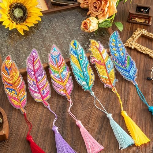 6 Pcs 5D Diamond Painting Art Kit, DIY Acrylic Crystal Diamond Bookmarks with Tassel, Flower & Feather Designs, Handmade Crafts BookMark Gift for Book Lovers, Women & Teenage, Creative Decor