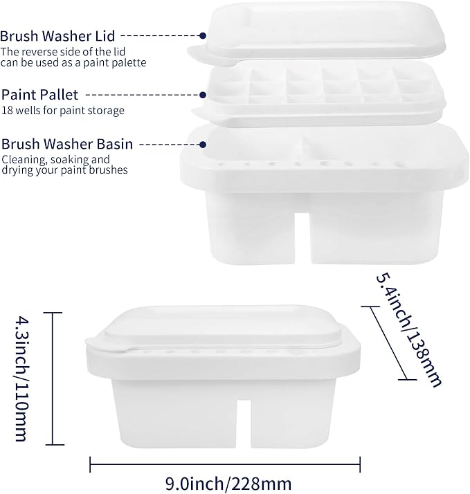 MyLifeUNIT Paint Brush Cleaner, Paint Brush Holder with Palette, White | 18 mixing wells, 16 slots fitting 0.24-0.63 in diameters, 3 washing compartments, removable tray lid