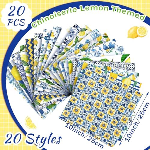 HunnmingRe 20 Pcs 10''x10'' Mediterranean Lemon Quilting Fabric Squares