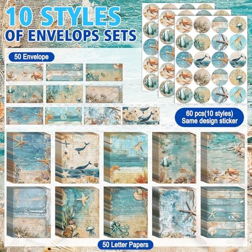 TaoBary 160 Pcs Ocean Stationery Paper and Envelopes Set, 8.5 x 11''