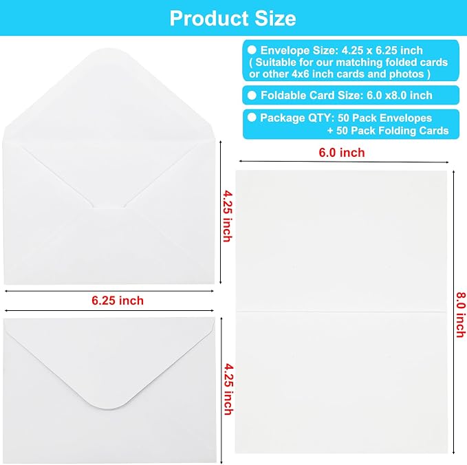 50 Pack Blank Cards and Envelopes 4x6, White Blank Note Cards Greeting Cards and Envelope Set, Folded Cardstock with Envelopes for DIY Greeting Card, Thank You Cards, Invitations