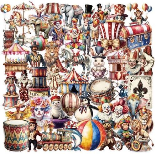 50 Pcs Vintage Carnival Circus Scrapbook Clear Stickers