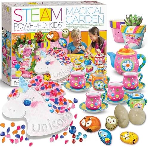 4M Magical Garden Kit for Kids Ages 8-12 – 4-in-1 Craft Set: Paint Flower Pots, Unicorn Stepping Stone with Glow Star, Mosaics & Gemstones, Mini Porcelain Tea Set, Garden Stones, Creative Art Gift