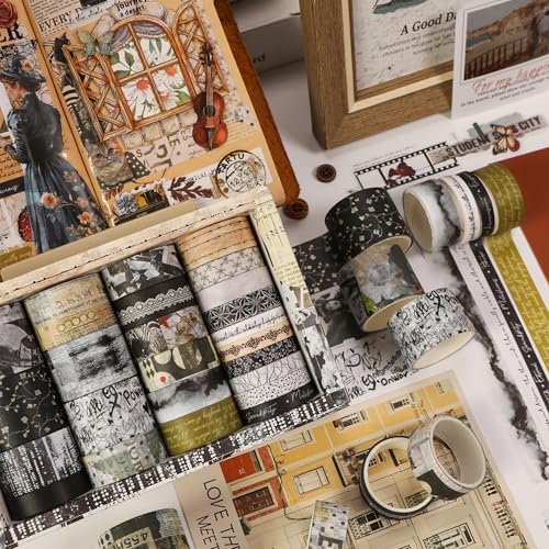 Vintage Washi Tape Set - 24 Rolls Arts Adhesive Tapes Assorted Retro Decorative Masking Tape Sets for Craft, Kids, Scrapbook, DIY, Gift Wrapping (9-Monochrome Mood)