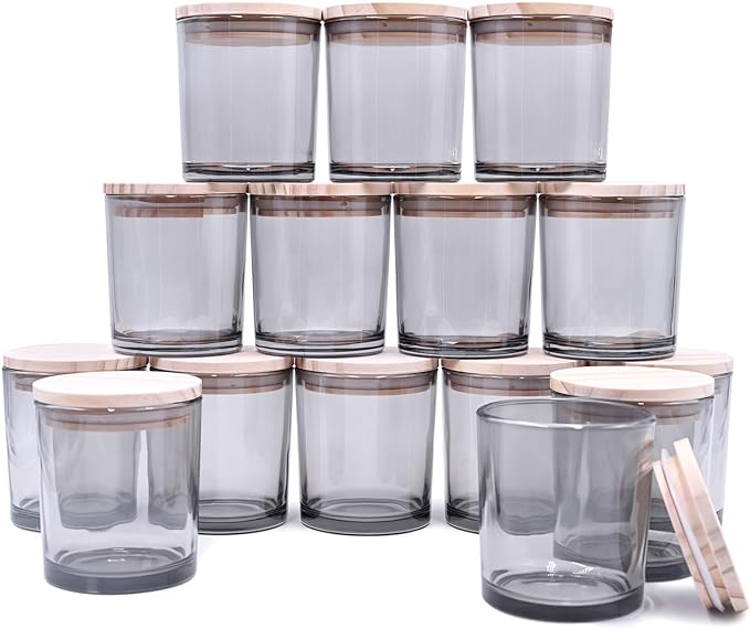 SHOWIN 8 OZ Thick Candle Jars for Making Candles 15 Pcs, Gray Empty Jars with Wood Lids for Candle Making, Sample Container,Clear Gray